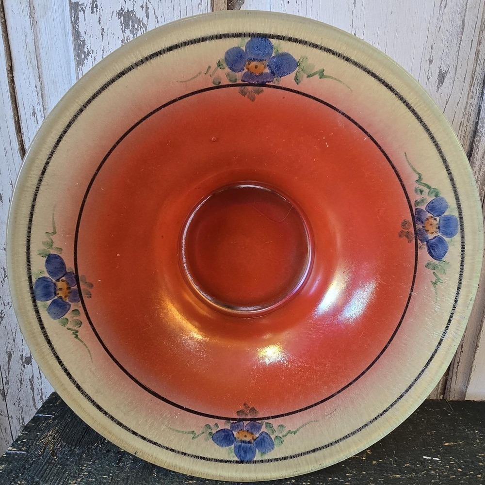 Lancaster Stretch Glass Ruby Lustre‎ Orange Blue Flowers Bowl Compote